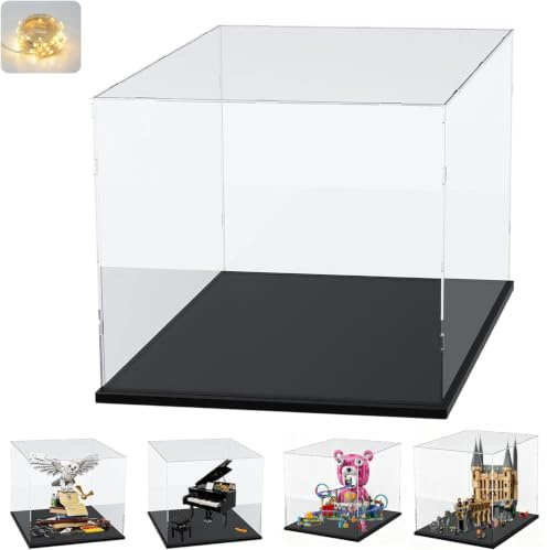 Acryl Vitrine Schaukasten 3mm LED für LEGO 76473 Schloss Hogwarts Ostflügel | Transparente Displayvitrine plexiglas Groß für 76391 Hogwarts Ikonen 21323 Konzertflügel 77082 Figuren, Schwarz 50x40x50cm