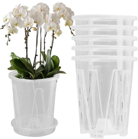 Ferricult Orchideentopf mit Untertassen, 5 Sets, 11, 9 cm, belüfteter, transparenter Orchideen-Übertopf mit Drainagelöchern, transparente Töpfe für Pflanzen, Heimdekoration