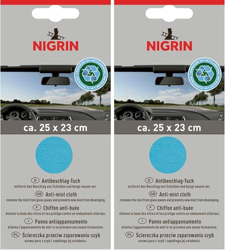 NIGRIN Antibeschlag-Tuch Eco, beugt beschlagenen Autoscheiben vor, garantiert streifenfrei, fusselfrei, reinigt Glasscheiben Aller Art, für eine klare Sicht, 25 x 23 cm (Packung mit 2)