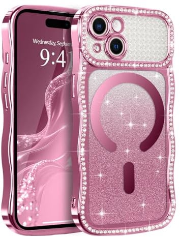 Lafunda Magnetic for iPhone 15 Case Glitter, Curly Wave Frame, Pink | Bling Sparkly Diamonds Clear Case With Magsafe, Full Camera Protection Soft TPU Shockproof Protective Cover for Women Girls
