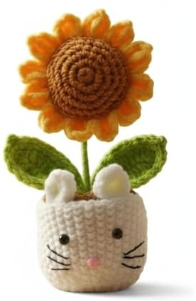 BAGUBDR Crochet Flowers, Knitted Flowers, Crochet Sunflower, Handmade Sunflower Cat Planter, Decorative Home Accessory, Crochet Flower Pot for Indoor Decor, Cat Themed Planter