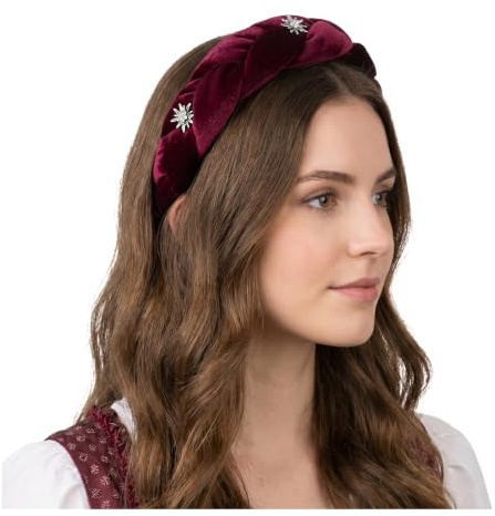 Geflochtener Haarreifen Damen aus Samt, Haarreif Dirndl mit Edelweiss, Trachten Haarreif für Oktoberfest Haarschmuck, Haarreifen Dirndl in Flechtoptik, Oktoberfest Accessoires burgunderrot