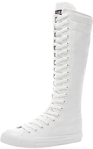ANUFER Ragazze Donna al Ginocchio Stivali di Tela Lacci Zip Piatto Scarpe Sportive Tutto Bianco F888 EU38.5
