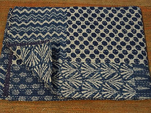 Sophia-Art Bettüberwurf Mit Handblockdruck - Doppelgröße, Blaue Indigo-Kantha-Steppdecke, Patchwork-Blockdruck-Decke (60X90)