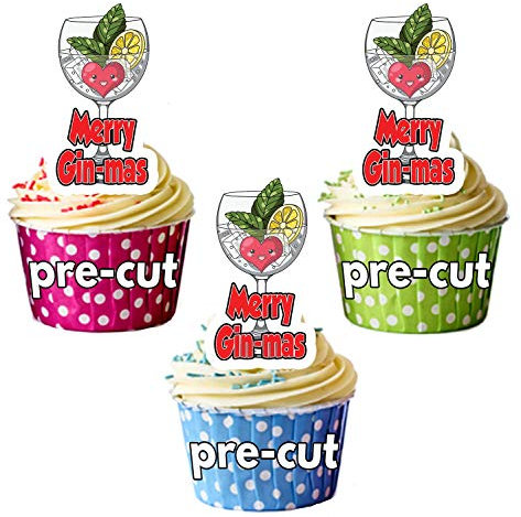 AK Giftshop PRECUT Funny Gin and Tonic Themed Christmas Edible Cupcake Toppers/Cake Decorations Adults Party Merry Gin-mas (Pack of 12)