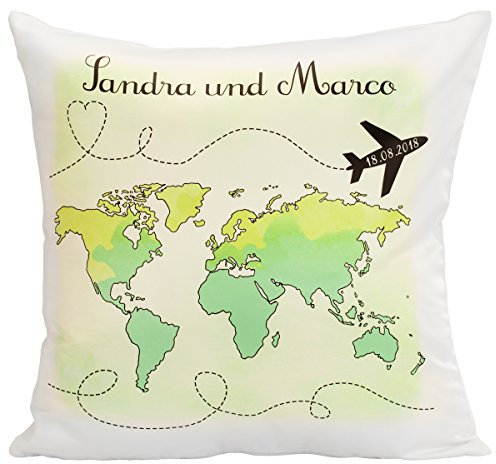 Geschenke 24 Kissen Hochzeitsreise mit Weltkarte für das Brautpaar (Türkis): persönliches Hochzeitsgeschenk mit Datum und Namen von Braut und Bräutigam personalisiert – Hochzeitsgeschenk
