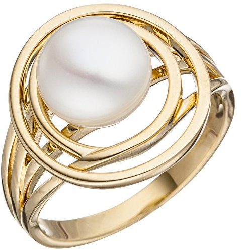 Jobo Damen-Ring breit aus 14 Karat 585 Gold mit großer Perle Größe 58