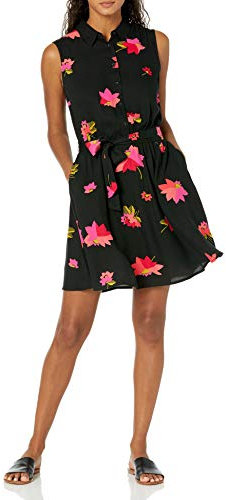 Amazon Essentials Robe-Chemise Tissée À Coupe Décontractée sans Manches Femme, Noir Rose Fleurs, L