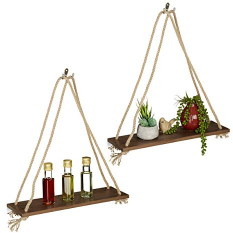 Relaxdays Hängeregal Holz, 2er Set, Seil Regal, Deko, Pflanzen, Wohnzimmer, Küche, Schweberegal, 49 x 43 x 13 cm, braun