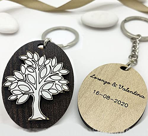 Ingrosso e Risparmio 20 Portachiavi bomboniere in Legno con Ciondolo Ovale e Albero della Vita, Idee per pensierini Nozze, Comunione, Battesimo (con Personalizzazione-con Confezione Bianca)