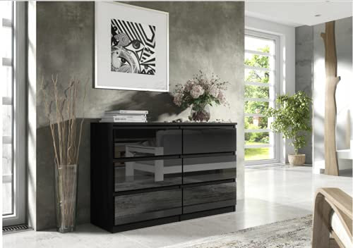 3xE Living Kommode 120 cm, 6 Schubladen, Schwarz/Schwarz Glänzend, 120 x 39 x 70 cm