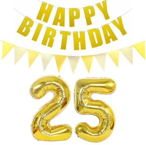 Luftballons Zahl 25 gold + Happy Birthday Girlande + banner Folienballon 25.Geburtstags deko frau mann ballons 25 Jahre Geburtstag deko frauen Zahlenballon 25 Geburtstag dekoration Männer frau(25)