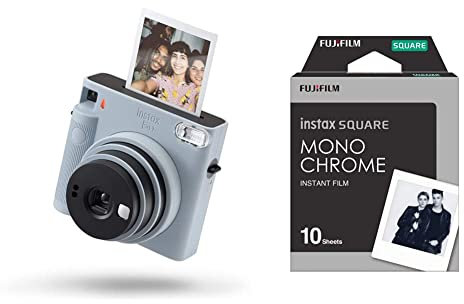 INSTAX Instax SQUARE SQ1 Automatic Exposure Instant Camera, Built-in Selfie Lens, Glacier Blue & SQUARE Monochrome Film, 10 Shot Pack, Suitable for SQ1, SQ6, SQ10, SQ20, SHARE SP-3