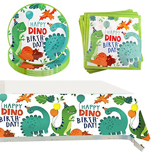 Amycute Stoviglie per Feste Dinosauro Tema, Set di Forniture per Feste Dinosauro Piatti Bicchieri Tovaglia Tovaglioli per Festa di Compleanno per Bambini (41)