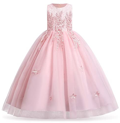 IWEMEK Robe Princesse Longue pour Enfants Filles - Tulle Dentelle Fleur Brodée Sans Manches - Mariage, Soirée, Demoiselle d'Honneur, Pageant, Baptême, Fête, Anniversaire, Carnaval - Rose 9-10 Ans