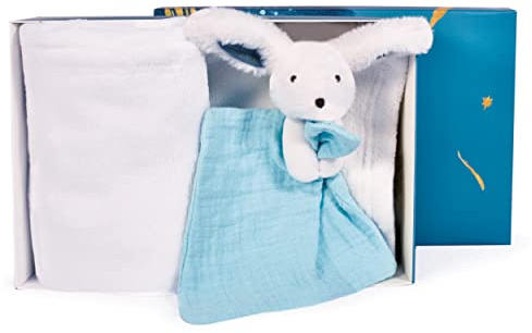 Doudou et Compagnie - Kuscheldecke für Babys, weich, mit Kuscheltier, Hase, Fleecedecke, Kollektion Happy Pop, Weiß, 100 x 70 cm, Geschenk-Set zur Geburt – Happy Doudou – DC3980