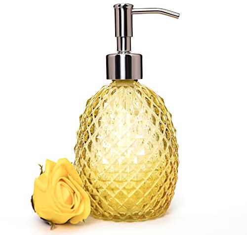 Glasseifen- und Lotionspender mit Edelstahlpumpe, 355 ml, transparenter Spender für Spülmittel, Handseife, Waschmittel oder Lotion, nachfüllbarer Flüssigseifenspender für Bad, Küche und Dusche (Gelb)