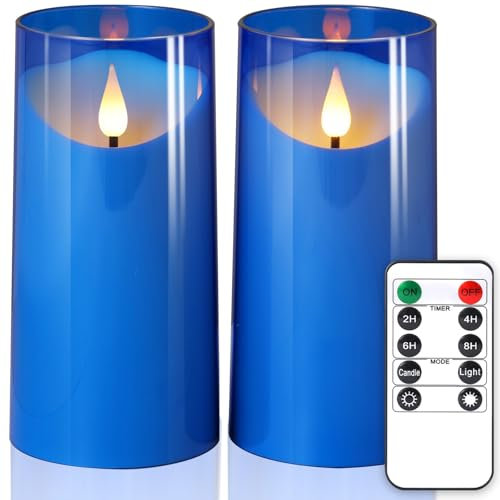 NURADA 3x6Flickering Flameless Candles: 3D Wick Acrylic Battery Operated LED Pillar Battery Candles with Remote and Timer for Decoration Wedding Party - 2 Pack Blue