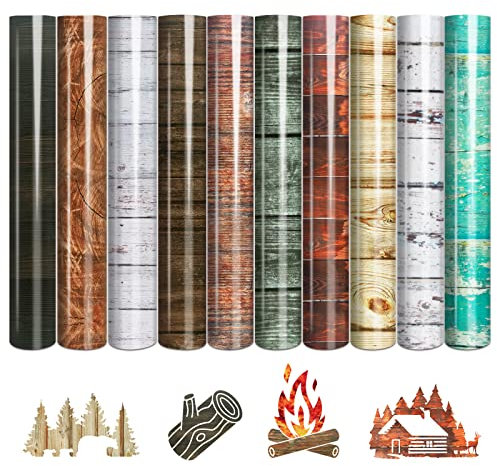 Tintnut Wood Pattern HTV Vinyl - 10 Sheets 12 x 10 Inches Brown Wood Heat Transfer Vinyl for T-Shirts, DIY Compatible with Cricut or Silhouette Cameo