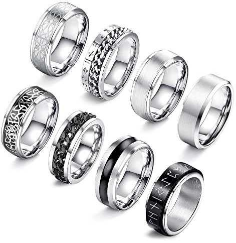 LOLIAS 8 Stück Edelstahl Herren Ringe Matt Finish Poliert Band Spinner Ringe Kette Herren Ring Fidget Anxiety Vintage Herren Ringe Set Größe 54-70