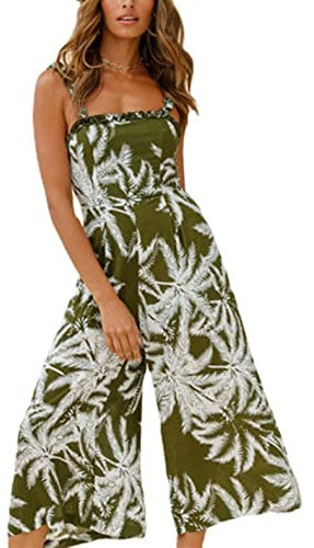 Damen 2023 Sommer Rüschen Straps Palm Print Casual Mid-Length Overall,Grün,M