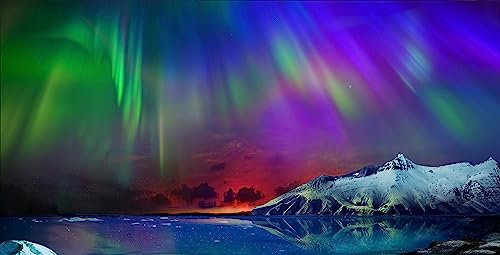 Leinwand-Bild 60 x 30 cm: Wunderschöner, unwirklich schöner Nachtblick auf die Reflexion der Nordlichter im Wasser des Ozeans und der schneebedeckten Berg (121331542)