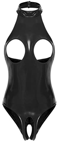 YiZYiF Women's Sleeveless Wet Look Glossy Patent Leather Catsuit Hollowing Out High Cut Bodysuit Black Large