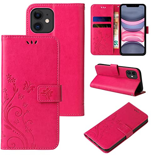 LBH Handy Hülle für Apple iPhone 11 Case Handytasche Schmetterling Blumen Flower Standfunktion Schutzhülle Magnet Rundum Schutz 360 Grad Flipcase Cover Pink