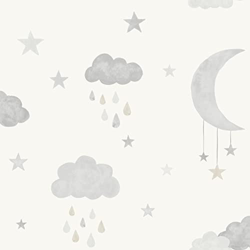 Jack 'N Rose Clouds and Stars Children's Wallpaper - White Grey Textured - Modern Nursery Bedroom Paste The Wall Vinyl