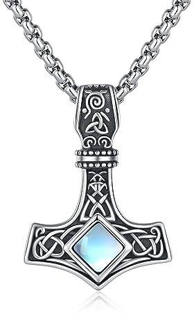 ZIPPICE Thors Hammer Halskette 925 Sterling Silber Wikinger Keltischer Kette Mjölnir Anhänger Nordische Wikinger Anhänger Unisex Schmuck Schmuck Geschenk für Damen Frauen Mama Freundin (Mondstein)