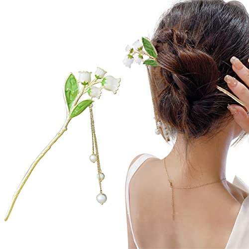 Pearl Flower Hair Stick Chinese Hair Chopsticks Hairpin Vintage Tassel Hair Pin Lily of The Valley Hair Stick Hair Chopstick Tassel Chinese Hair Stick Chinese Hair Sticks Hair Accessories for Women