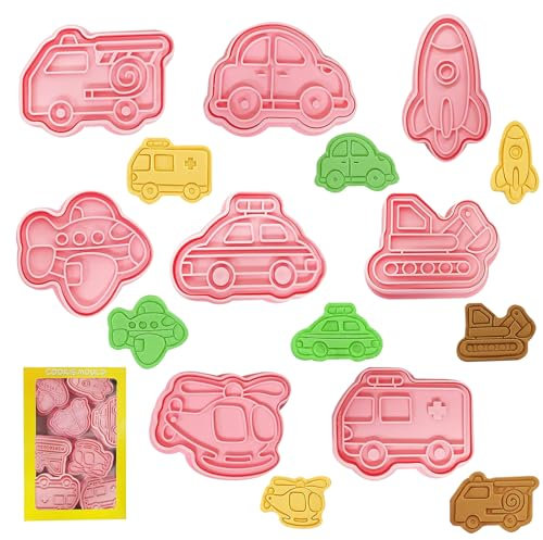 TECHEEL Plätzchenausstecher Kinder 8 Stück Keksausstecher Auto 3D Fahrzeug Ausstecher Set DIY Prägeformen für Keksteig Keksausstecher Plastik Fondant, Donut, Kuchendekoration, Schokoladen Cookie (B)