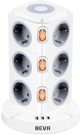 12 Fach Mehrfachsteckdose mit Licht + 2 m Kabel, BEVA 2500W/10A LED Steckdosenturm Steckdose mit 3 Einzeln Schalter + 3 USB A, Mehrfachstecker überspannungsschutz für Haushalt, Büro, Weiß
