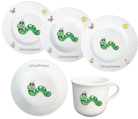 Kindergeschirr Kinderservice 5-tlg. Wurm Kinder Geschirr Porzellan Teller Tasse Müslischale personalisierbar mit Wunschname Name Kombiservice mit Namen personalisiert