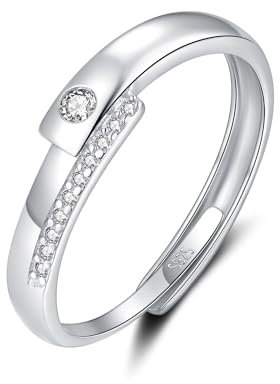 Bewenda Silber Damen Ringe, 925 Sterling Silber Partner Ringe für Frauen, Verstellbar Partnerringe Verlobungsring Hochzeitsring, Einfach Eheringe Band Ring mit Weiß Zirkonia, Geschenk für Liebe Braut