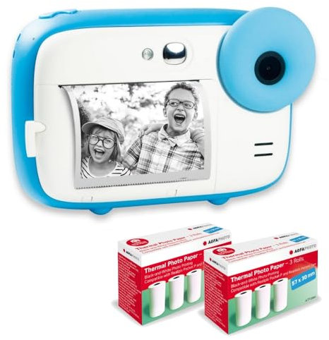 AGFA Photo Realikids Instant Cam + 6 Rollen Thermopapier, ATP3WH – Sofortbildkamera für Kinder, LCD-Display 2,4 Zoll, Lithium-Akku, Selfie-Spiegel und Fotofilter – Blau