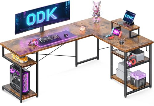 ODK Corner Desk with Storage, L Shaped Desk with Hook, Computer Gaming Table with Monitor Stand, Vintage Brown 148×120 cm