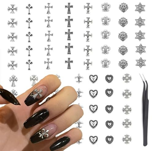 Nayyana® 75 Stück 3D-Kreuz-Nagel-Charms, 3D-Chrom-Nagel-Charms, Vintage-Gothic-Retro-Punk-Kreuze, Herzen, Totenköpfe, gemischtes Silber, Nagel-Charms für Kreuz-Charms für Nägel