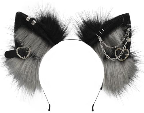 sazpajacos Metall Punk Stil Katze Ohren Kopfbedeckung Tier Ohren Kopfschmuck Anime Verkleidung Requisiten Halloween Karneval Cosplay Kostümzubehör für Erwachsene Frauen Männer, Schwarz Grau