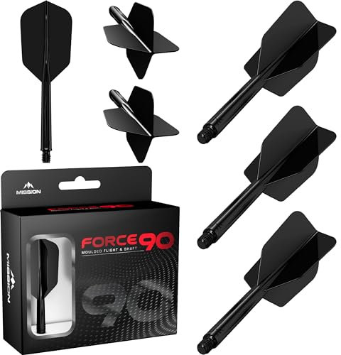 Mission Darts Force 90 | Integrated Precision Moulded Dart Flight And Shaft System, Pack of 3 Professional Highly Durable 2-In-1 Combined Dart Flights And Stems | Slim (Black, Medium)
