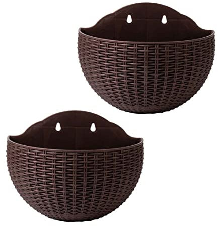 Cestino sospeso, fioriere da parete 2 pezzi fioriere a muro imitazioni esterne imitazione rattan piantatrice di plastica semicirchio pentole per piante sospese per decorazioni di recinzione, caffè