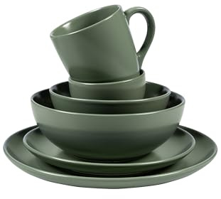 Sallys 12 teiliges Silky Glaze Geschirr-Set aus hochwertigem Porzellan, Mikrowellengeeignet und Spülmaschinengeeignet, Tafelservice, Schüssel und Teller Set (Sage Green)