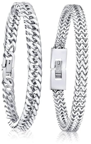 2 Stücke Edelstahl Armband Herren Silber,Panzerkette Armkette Herren,Silberarmband Herren,Paar Armbänder Jungen,Schwer Glieder Bracelet Men,Herrenarmbänder für Papa Sohn Bruder Ehemann