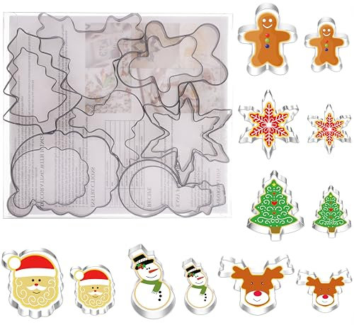 Cortadores de galletas grandes de Navidad, moldes resistentes de 10 cm, acero inoxidable grueso con instrucciones de receta, muñeco de nieve, árbol de Navidad, alce, copo de nieve.
