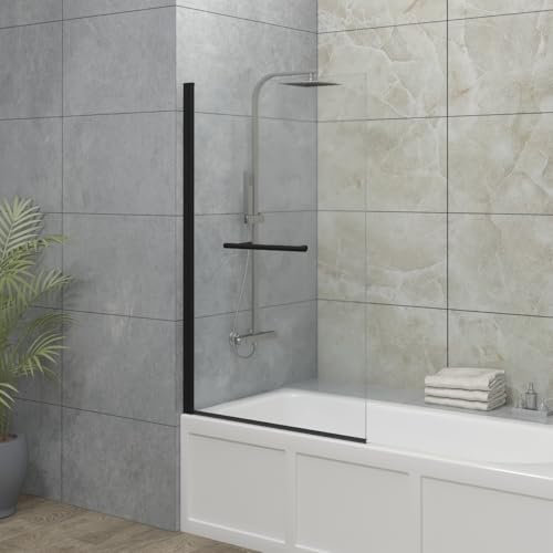 Blümme 800mm Bathroom Square Bath Screen with Towel Rail Reversible Over Bath Shower Screen Door Matte Black Framed