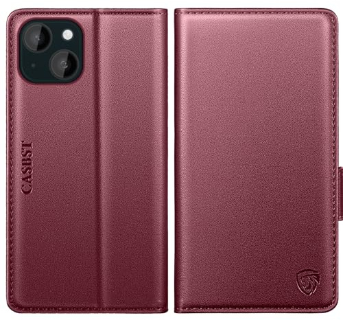 CASBST for iPhone 13 Case, Kickstand Flip Leather Wallet Book Case with Card Slots Shockproof Magnetic Closure Protective Phone Case Cover Compatible with iPhone 13 - Wine Red