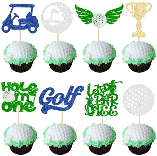 Ephlyn 24Pcs Golf Cupcake Toppers Glitter Trophy Golf Carts Cake Pick Decorations for Golf Sports Player Theme Baby Shower Kids Birthday Party Cake Decorations Supplies