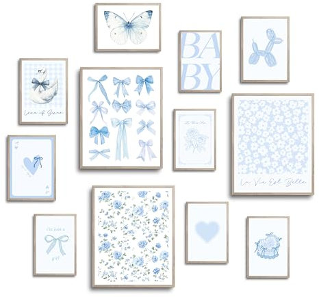 TwoDays Hellblaue Raumdekoration, ästhetisch, Küstenenkelin, Wandkunst für Mädchen, Wohnheim, blaue Kokette-Schleifen, Poster, trendige mädchenhafte adrette Drucke. (Verschiedene Größen, 20,3 x 25,4