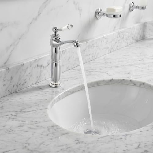 Antikes Messing Wasserhahn Bad Waschtischarmatur Einhebelmischer Wasserhahn Bad Nostalgie Waschbecken Armatur Auslauf Höhe 23 cm Amatur Kaltes und Warmes Wasser Landhaus Vintage Stil Silber