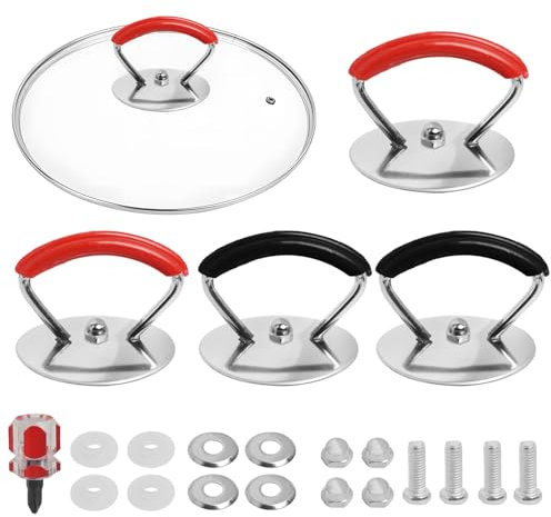 FunWorth 4 Stück Universal Topfdeckel Griff, Ersatz Deckelgriff, Kleiner Griff Topfdeckel Für Pfannen, Küchenutensilien, Mit Schrauben & Distanzstücke und Schraubendreher (Schwarz und Rot – 4er-Pack)